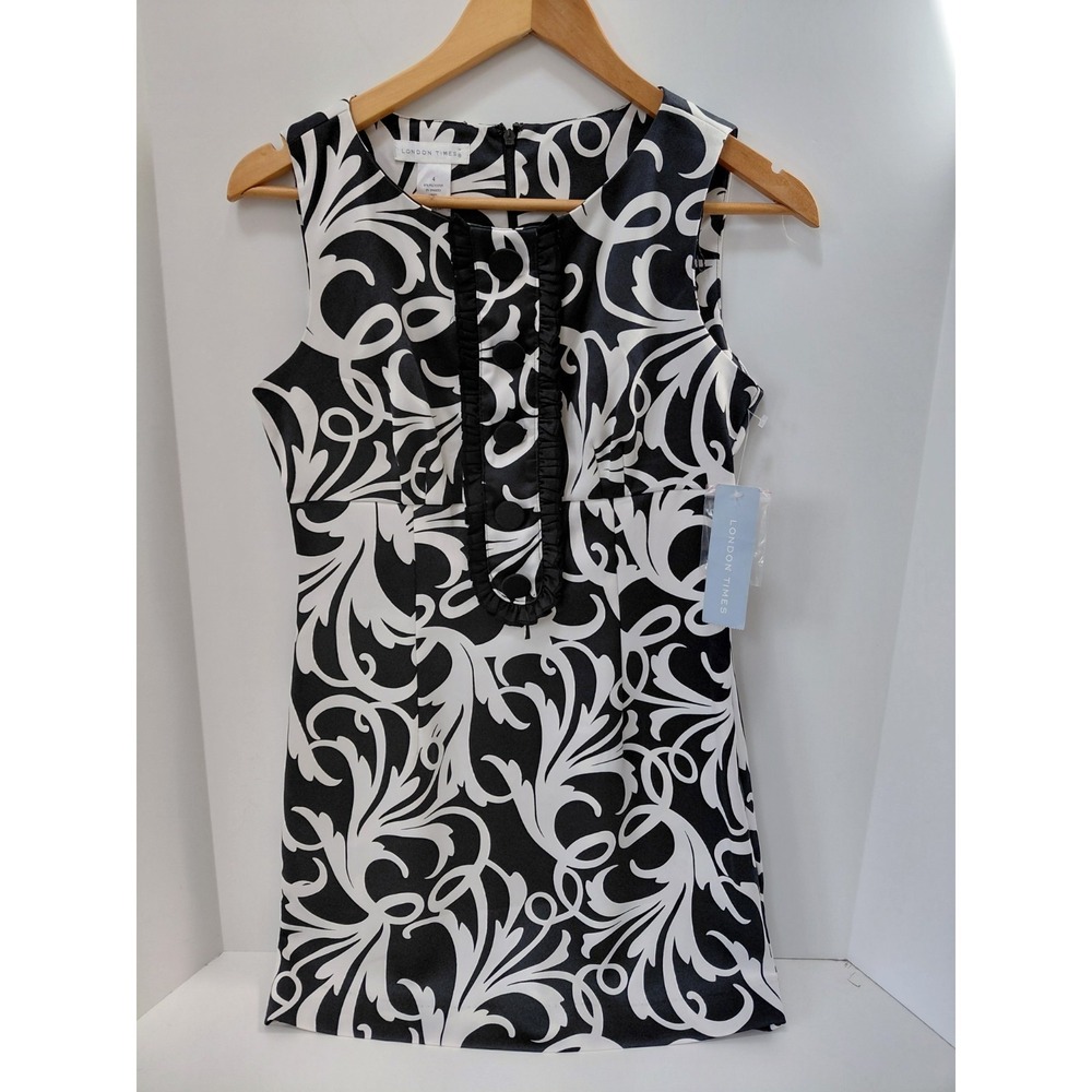 London Times Black and White Button Front‎ Patterned Sleeveless Dress Size 4 NWT